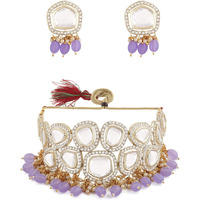 ZAVERI PEARLS Purple Beads Drop Kundan Bridal Choker Necklace & Earring Set For Women-ZPFK15841