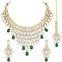 Peora Gold-plated Brass and Kundan Jewellery Set With Earrings Mang Tika for Women & Girls (Green)
