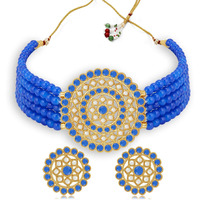Sukkhi Lavish Gold Plated Blue & White Pearl Choker Necklace Set for Women (SKR70441), free size