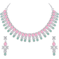 Atasi International Silver Plated Mint Pink & Green Crystal Necklace Jewellery Set with Earrings for Women & Girls for Party & Wedding Collection (RPG5708)