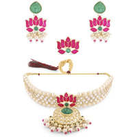 ZAVERI PEARLS Pink Green Meenakari Lotus Kundan Choker Necklace Earring & Ring Set For Women-ZPFK15844