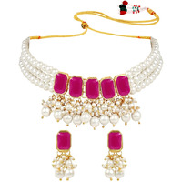 I Jewels 18K Gold Plated Traditional Stone Studded Multi Layered White Pearl Choker Necklace Jewellery Set with Earrings for Women And Girls (IJ355Q)