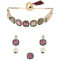 ZAVERI PEARLS Multi Colour Multistrand Beaded Cluster Choker Necklace Earring & Ring Set For Women-ZPFK16494