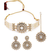 Sukkhi Decorative Round Shaped White Kundan & Beads Choker Necklace Set With Earring And Maangtika | Jewellery Set For Women (NS105502)