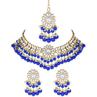 I Jewels 18K Gold Plated Traditional Kundan Studded Pearl Hanging Choker Necklace Jewellery Set With Earrings & Maang Tikka For Women & Girls (K7232Q)