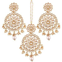 I Jewels Gold Plated Traditional Kundan & Pearl Chandbali Earrings With Maang Tikka Set (Te2462W, Womens)