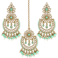 I Jewels 18K Gold Plated Traditional Handcrafted Earrings With Maang Tikka Encased with Faux Kundan & Pearl for Women/Girls (TE4001Min)