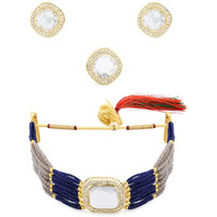 ZAVERI PEARLS Grey & Blue Multistrand Ethnic Choker Necklace Earring & Ring Set For Women-ZPFK11439