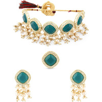 ZAVERI PEARLS Green Statement Stones Cluster Beads Choker Necklace Earring Ring Set For Women-ZPFK15934