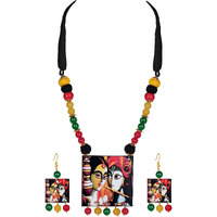 JFL - Jewellery for Less Classic Radha Krishna Painting Pendant with Multi Color Cotton Bead Adjustable Thread Handcraft Necklace Set Women and Girls (Yellow, Black, Red)