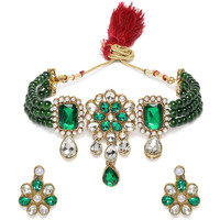 ZAVERI PEARLS Multistrand Green Beads & Stones Traditional Choker Necklace & Earring Set For Women-ZPFK9966