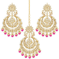 Peora Traditional Jewellery 18K Gold Plated Brass Kundan And Pearl Maang Tikka, Earring Set For Womens (Rani Pink)