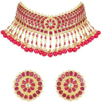 I Jewels 18K Gold Plated Traditional Kundan & Pearl Studded Choker Necklace Set For Women/Girls (K7210) (Full Rani Pink)