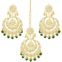 I Jewels Traditional Gold Plated Wedding Chandbali Kundan & Pearl Earring Set With Maang Tikka for Women (TE7077G)