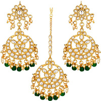 Peora Traditional Jewellery 18K Gold Plated Kundan & Pearl Maang Tikka Earring Set for Women Girls