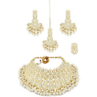 ZAVERI PEARLS Gold Tone Bridal Kundan Choker Necklace Earring Maangtikka & Ring Set For Women-ZPFK12217
