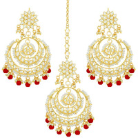 I Jewels Traditional Gold Plated Wedding Chandbali Kundan & Pearl Earring Set With Maang Tikka for Women (TE7077R)