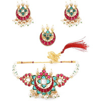 ZAVERI PEARLS Green & Pink Kundan Multistrand Choker Necklace Earring & Ring Set For Women-ZPFK11441
