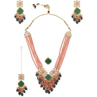 ZAVERI PEARLS Peach Multistrand & Green Mirror Kundan Cluster Necklace Earring Maangtikka & Ring Set For Women-ZPFK14603