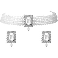 I Jewels Silver Plated Traditional Stone Pearl Choker Necklace Jewellery Set For Women/Girls (ML237ZS)