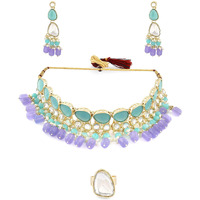 ZAVERI PEARLS Turquoise Blue & Purple Stones Beads Kundan Choker Necklace Earring & Ring Set For Women-ZPFK16077