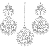 Peora Gold Plated Kundan & Pearl Maang Tikka With Earring Jewellery Set for Women Girls
