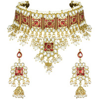 Peora Gold Plated Red Meenakari Bridal Choker Necklace Dangler Earring Jewellery Set for Women
