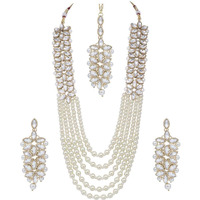 I Jewels 18K Gold Plated Traditional 5 Layers Kundan & Pearl Beaded Moti Raani Haar Necklace Jewellery Set For Women (ML164W)