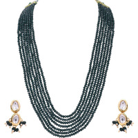 Ratnavali Jewels Emerald Green Real Crystal Stone 7 layer Beads Necklce Set With Kundan Stud Earrings For Women/Girls