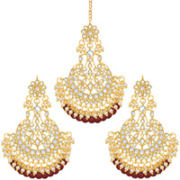 Peora Gold Plated Bridal Kundan Faux Beads Earring Maang Tikka Set Indian Traditional Jewellery for Women Girls (Maroon)