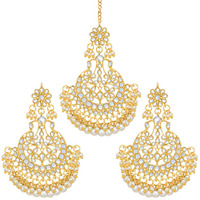 Peora Gold Plated Bridal Kundan Blue Faux Beads Earring Maang Tikka Set Indian Traditional Jewellery for Women Girls