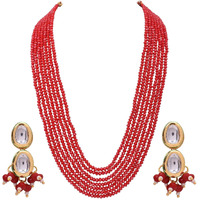 Ratnavali Jewels Ruby Red Real Crystal Stone 7 layer Beads Necklce Set With Kundan Stud Earrings For Women/Girls