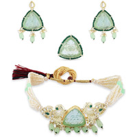 ZAVERI PEARLS Green Stones Peacock Multistrand Choker Necklace Earring & Ring Set For Women-ZPFK15359