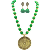 MDS FASHIONS Silk Thread Beads with Antique Chakra Necklace and Earrings set for Beautiful Women (MDS-1046) (Dark Green)