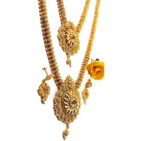 AFJ GOLD Womens Copper Gold Plated Matte Haram Necklace Set (Gold, Ruby )