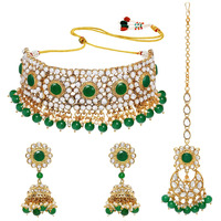 Peora Traditional Crystal Faux Pearl Choker Necklace Earring Maang Tikka Jewellery Set for Women