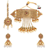 ZAVERI PEARLS Gold Tone Kundan & Pearls Bridal Choker Necklace Set For Women-ZPFK7379