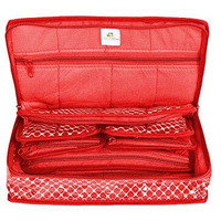 HomeStrap Cotton Multipurpose 8 Pocket Jewellery Storage Bag Pouch/Travel Kit Organizer - Red