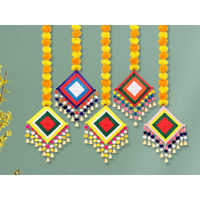 JH Gallery Handmade Artificial Marigold Fluffy Flowers Colorful Woolen Kite Bells Hanging (44 Inches Height Approx. Pack of 5)