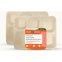 ECO SOUL [100 Pack, 5-Compartment Disposable Meal Tray | Compostable Bagasse Plates | Eco-friendly Biodegradable Dinner Plates | Party, Wedding, Event Plates