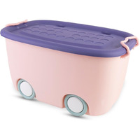 BUMTUM 25L Toy Storage Box with Locking Lid & Handle - Pink | Rolling Organizer with Stackable Design & Wheels | Toy Basket Storage Solution for Kids | Size: 49x32x26 Cm