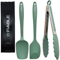 FiABLE Premium Silicone Spatula and Tongs Set - Heat Resistant, Seamless Design - Set of 3 - Green Tong & Spatulas