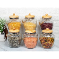 Femora Kitchen Storage Jars Embossed Glass Jar With Wooden Lid & Jute Chain Air Tight Jar, 2000 ML, Pack of 6