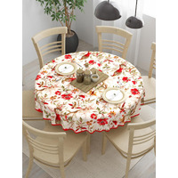 Clasiko 100% Cotton 6 Seater Round Table Cover; 72x72 Inches; Red Flowers & Birds