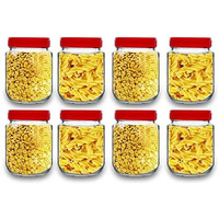 Vency Piramal Glass Round Shape Clear Jars and Containers for Kitchen Pantry, Snacks, Masala, Pickles, Dry Fruits, and Coffee Beans Storage with Red Color Plastic Lid (Aahar Jar) (500ml, Set Of 8)