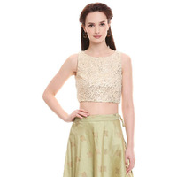 Indya Womens Round Neck Sequined Crop Top (White, Extra Small)