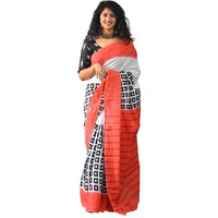 JALTHER Handicrafts Womens Ikat Hand Block Print Jaipuri Cotton Mulmul Saree With Blouse Piece - _Sh_122, White