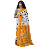 JALTHER Handicrafts Womens Ikat Hand Block Print Jaipuri Cotton Mulmul Saree With Blouse Piece - _Sh_121, White