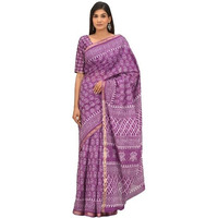 JALTHER Handicrafts Womens Ikat Hand Block Print Jaipuri Cotton Mulmul Saree Zari Border with Blouse Piece Purple