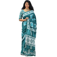 JALTHER Handicrafts Womens Ikat Hand Block Print Jaipuri Cotton Mulmul Saree with Blouse Piece - Turquiose_115